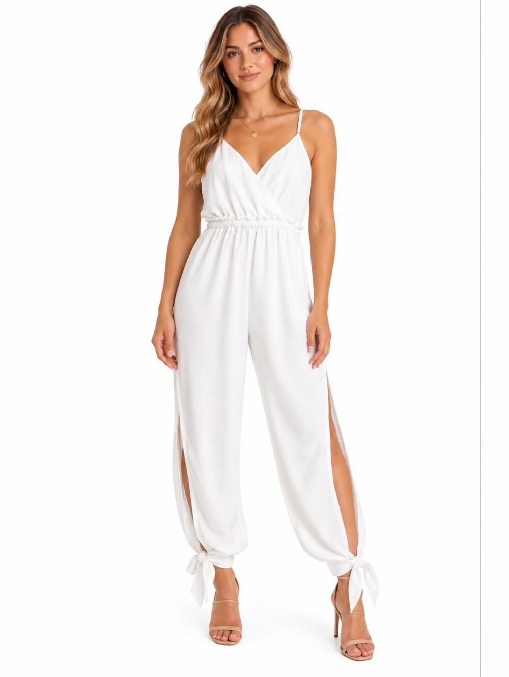 Lulus White Surplice Slit Leg Tie Ankle Jumpsuit Size Small